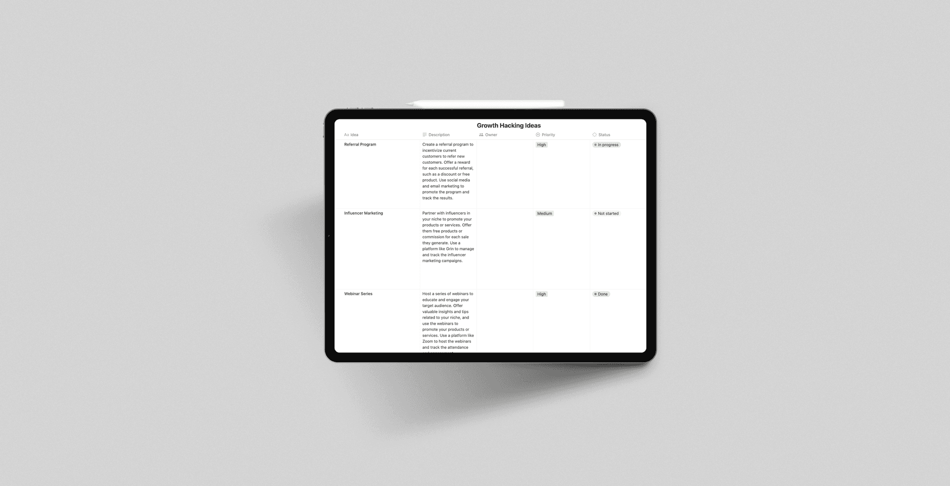 Growth Hacking Ideas - Notion Template