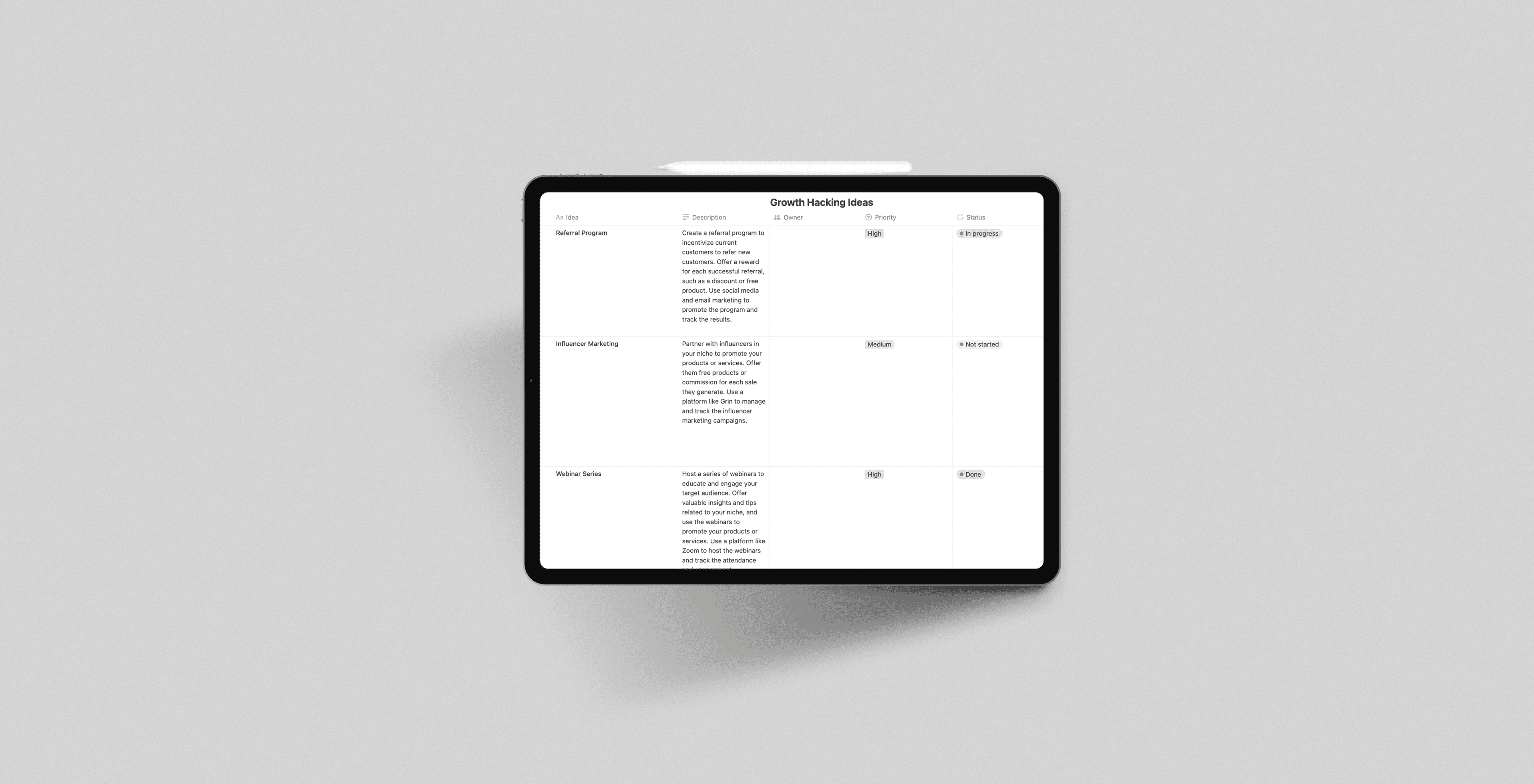 Growth Hacking Ideas - Notion Template